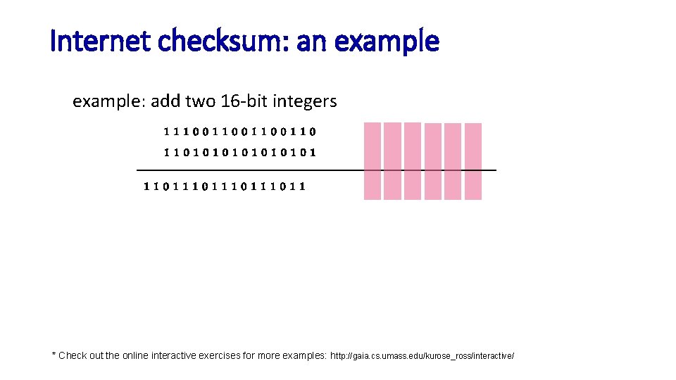 Internet checksum: an example: add two 16 -bit integers 111001100110 1101010101 110111011 * Check