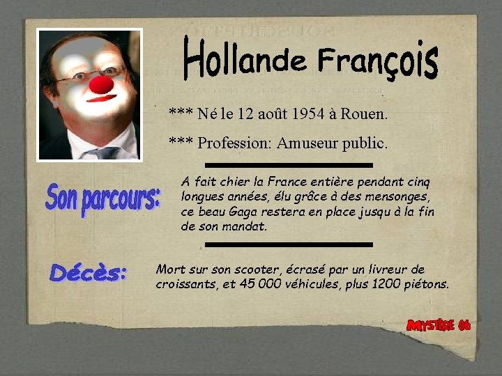 *** Né le 12 août 1954 à Rouen. *** Profession: Amuseur public. A fait