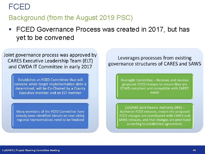 FCED Background (from the August 2019 PSC) § FCED Governance Process was created in