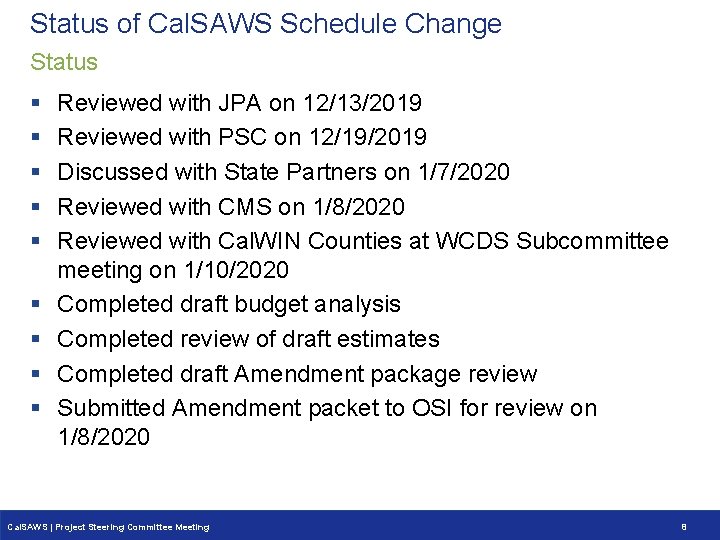 Status of Cal. SAWS Schedule Change Status § § § § § Reviewed with