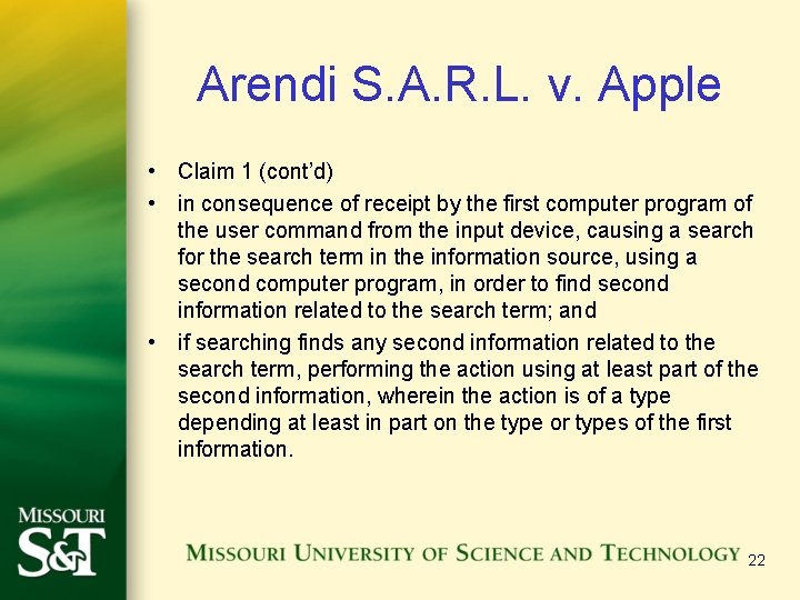 Arendi S. A. R. L. v. Apple • Claim 1 (cont’d) • in consequence