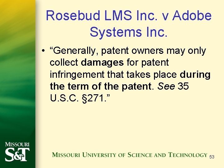Rosebud LMS Inc. v Adobe Systems Inc. • “Generally, patent owners may only collect