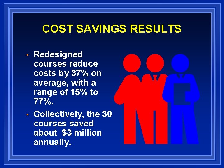COST SAVINGS RESULTS • • Redesigned courses reduce costs by 37% on average, with