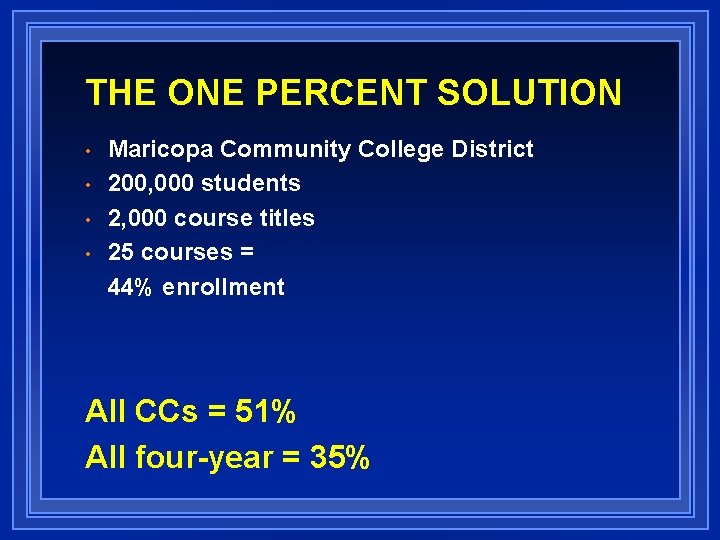 THE ONE PERCENT SOLUTION • • Maricopa Community College District 200, 000 students 2,
