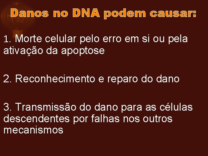 Danos no DNA podem causar: 1. Morte celular pelo erro em si ou pela