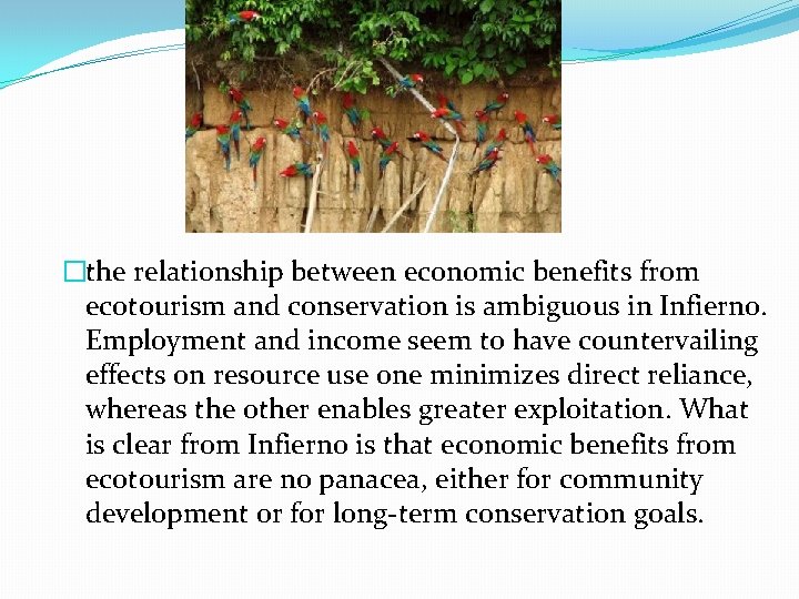 �the relationship between economic benefits from ecotourism and conservation is ambiguous in Infierno. Employment