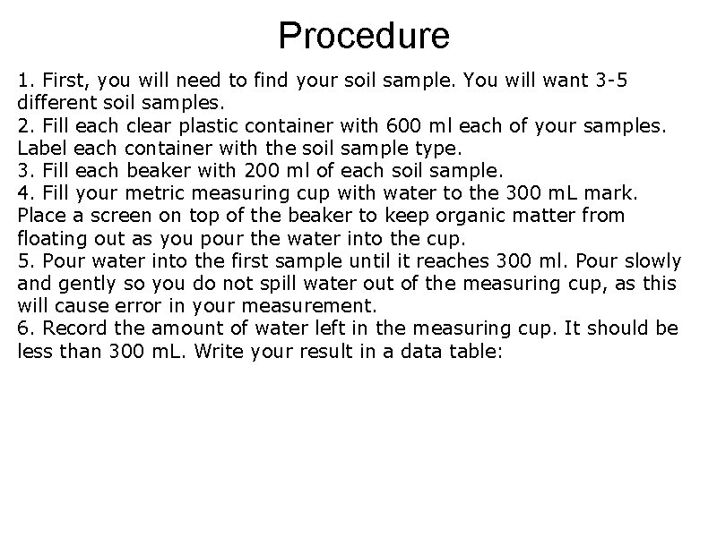 Procedure 1. First, you will need to find your soil sample. You will want
