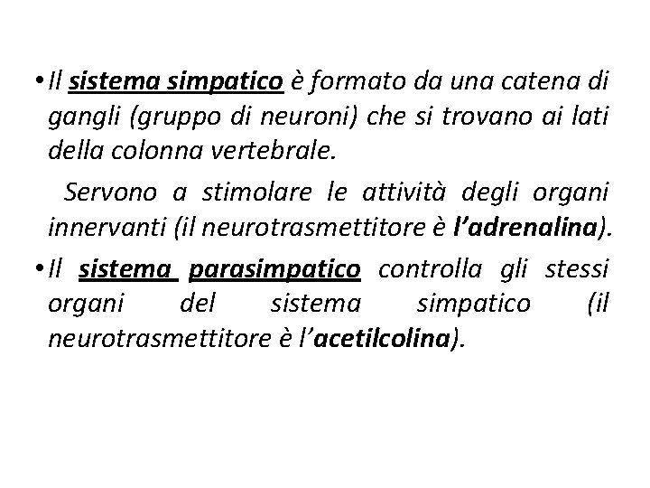  • Il sistema simpatico è formato da una catena di gangli (gruppo di