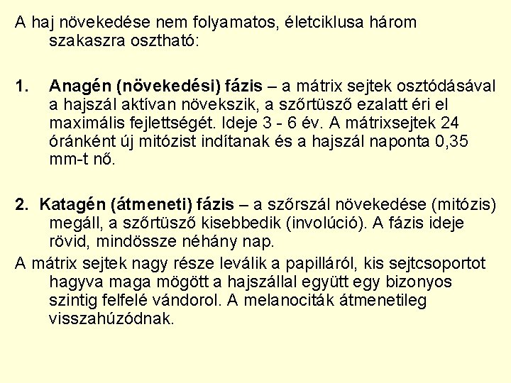 A haj növekedése nem folyamatos, életciklusa három szakaszra osztható: 1. Anagén (növekedési) fázis –