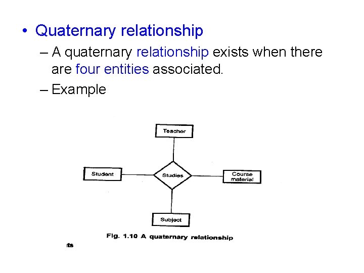  • Quaternary relationship – A quaternary relationship exists when there are four entities