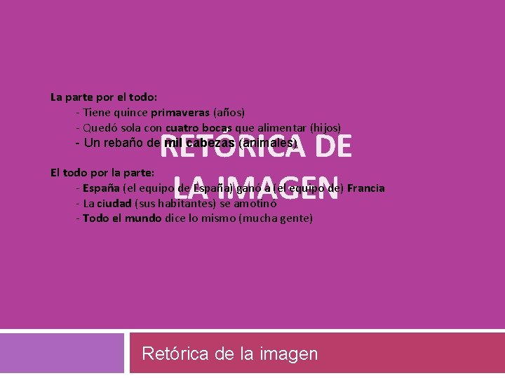 La parte por el todo: - Tiene quince primaveras (años) - Quedó sola con