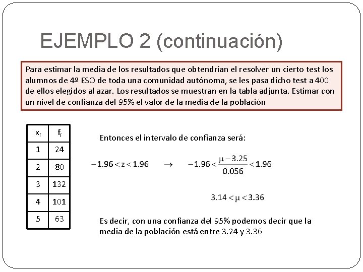 EJEMPLO 2 (continuación) Para estimar la media de los resultados que obtendrían el resolver