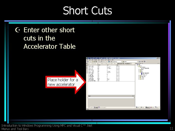 Short Cuts Z Enter other short cuts in the Accelerator Table Place holder for