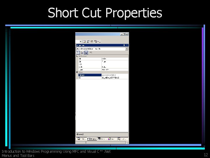 Short Cut Properties Introduction to Windows Programming Using MFC and Visual C ++. Net