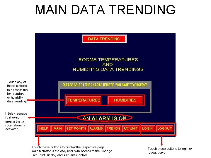 MAIN DATA TRENDING Touch any of these buttons to observe the temperature or humidity