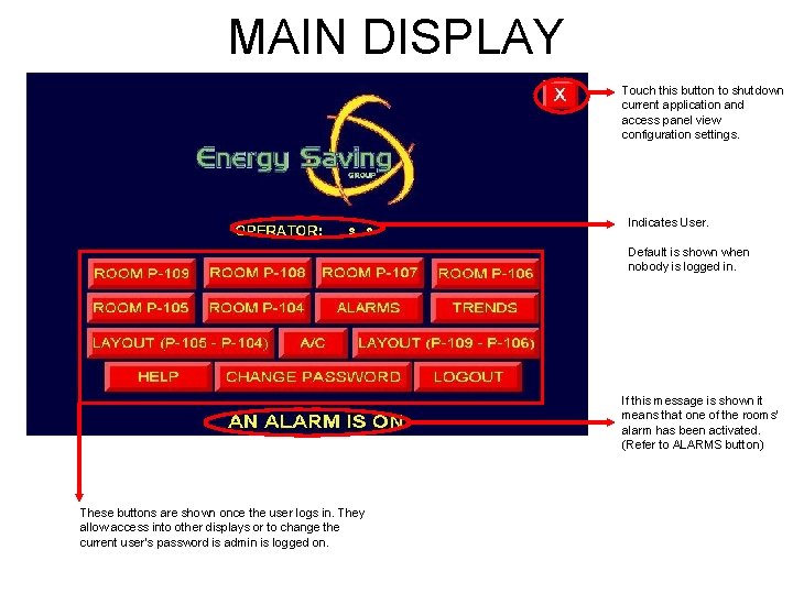 MAIN DISPLAY Touch this button to shutdown current application and access panel view configuration