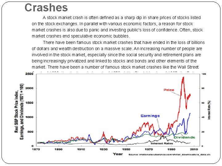 Crashes A stock market crash is often defined as a sharp dip in share