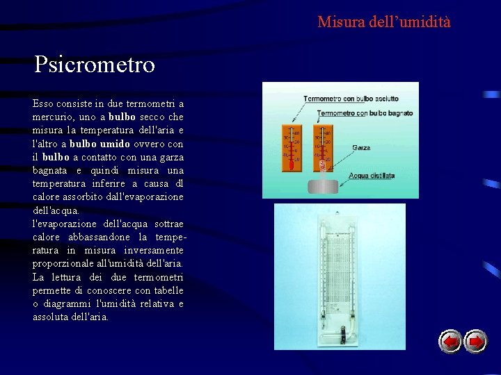 Misura dell’umidità Psicrometro Esso consiste in due termometri a mercurio, uno a bulbo secco