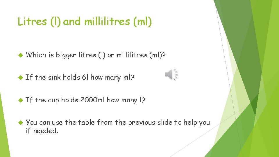 Litres (l) and millilitres (ml) Which is bigger litres (l) or millilitres (ml)? If