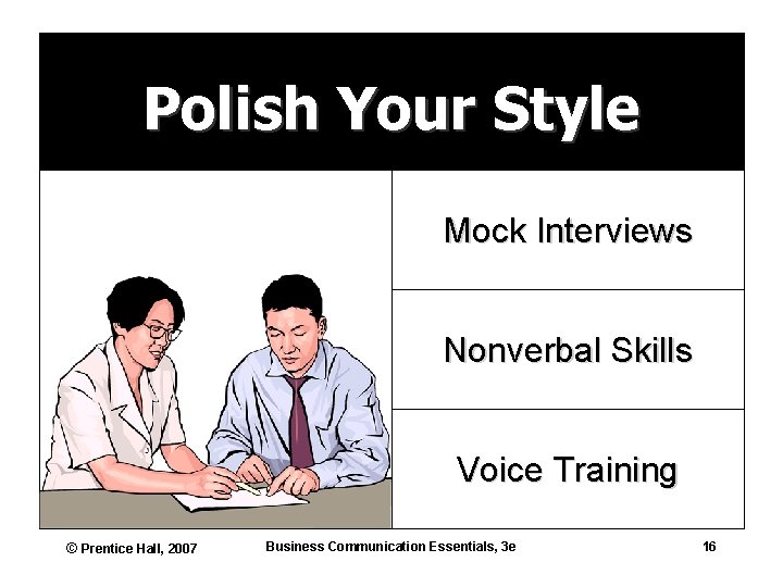 Polish Your Style Mock Interviews Nonverbal Skills Voice Training © Prentice Hall, 2007 Business