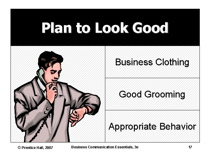 Plan to Look Good Business Clothing Good Grooming Appropriate Behavior © Prentice Hall, 2007