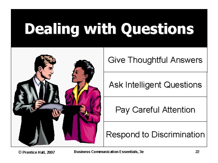 Dealing with Questions Give Thoughtful Answers Ask Intelligent Questions Pay Careful Attention Respond to