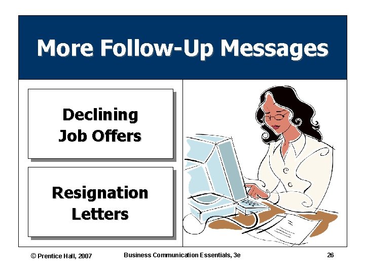 More Follow-Up Messages Declining Job Offers Resignation Letters © Prentice Hall, 2007 Business Communication