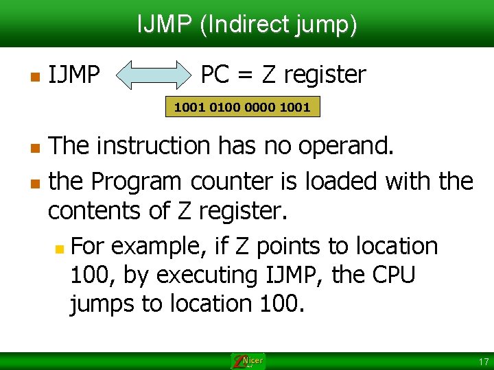 IJMP (Indirect jump) n IJMP PC = Z register 1001 0100 0000 1001 The