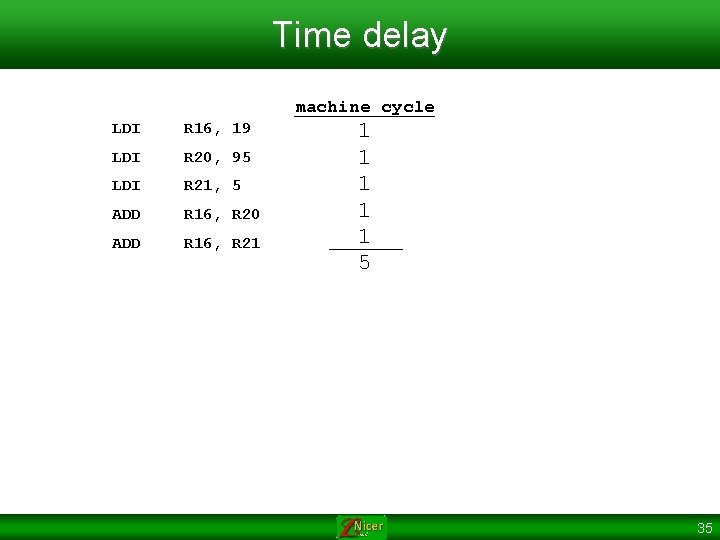 Time delay machine cycle LDI R 16, 19 LDI R 20, 95 LDI R