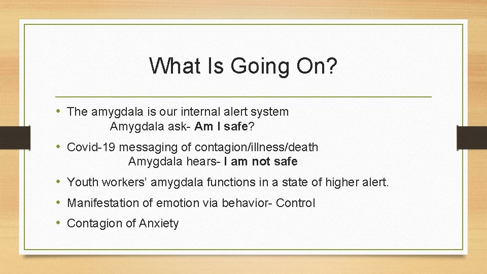 What Is Going On? • The amygdala is our internal alert system Amygdala ask-
