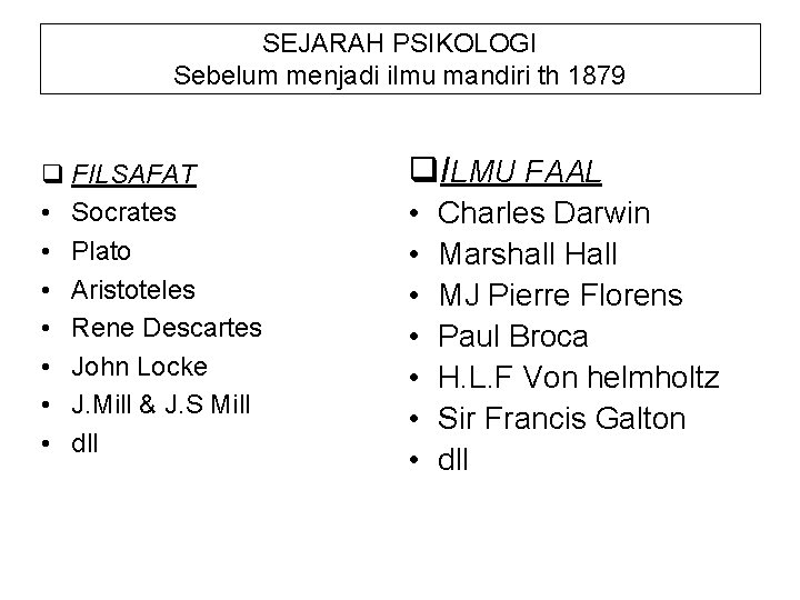 SEJARAH PSIKOLOGI Sebelum menjadi ilmu mandiri th 1879 q FILSAFAT • Socrates • Plato