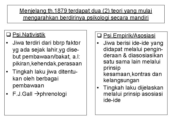 Menjelang th. 1879 terdapat dua (2) teori yang mulai mengarahkan berdirinya psikologi secara mandiri