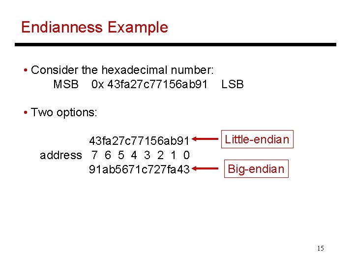 Endianness Example • Consider the hexadecimal number: MSB 0 x 43 fa 27 c Endianness Example • Consider the hexadecimal number: MSB 0 x 43 fa 27 c