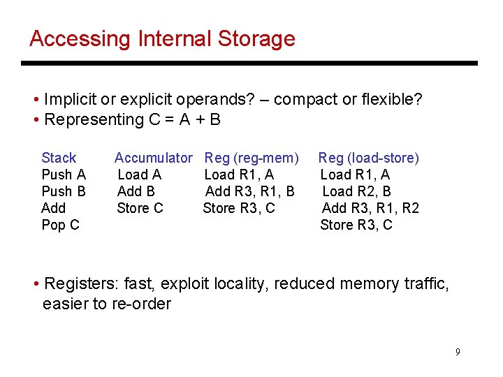 Accessing Internal Storage • Implicit or explicit operands? – compact or flexible? • Representing Accessing Internal Storage • Implicit or explicit operands? – compact or flexible? • Representing