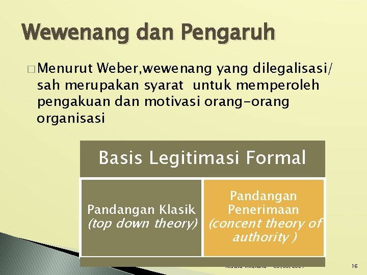 Wewenang dan Pengaruh � Menurut Weber, wewenang yang dilegalisasi/ sah merupakan syarat untuk memperoleh