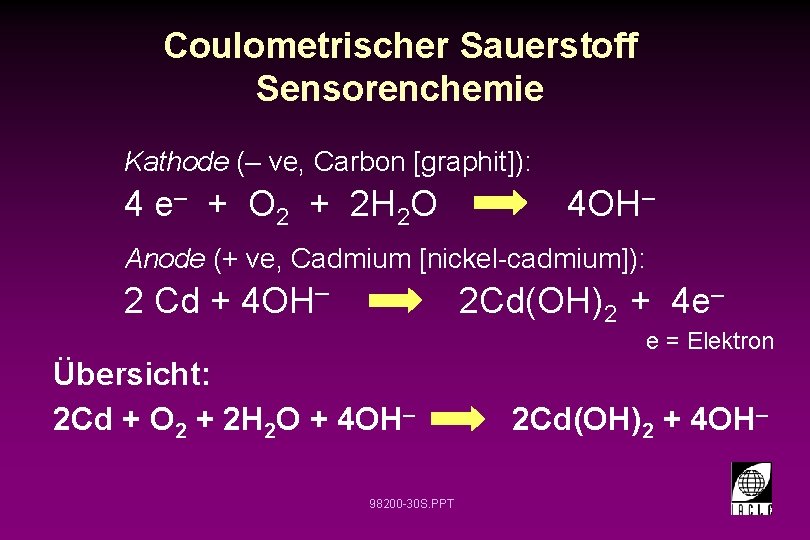 Coulometrischer Sauerstoff Sensorenchemie Kathode (– ve, Carbon [graphit]): 4 e– + O 2 +