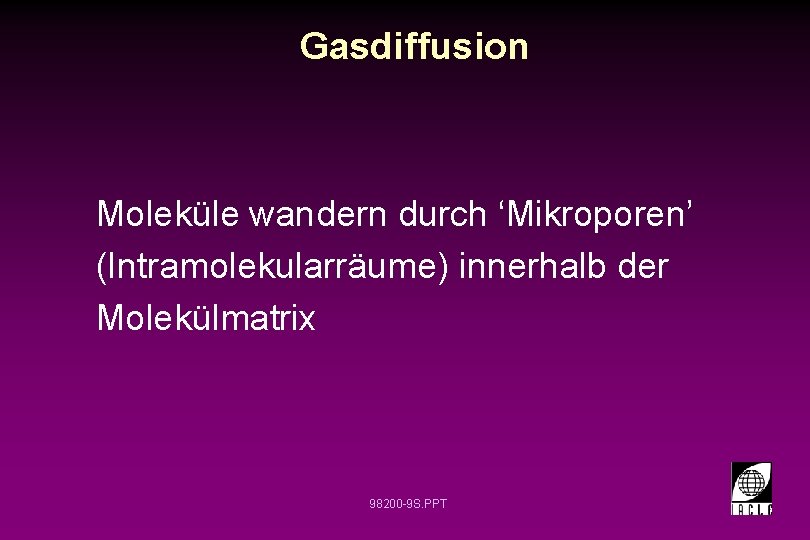 Gasdiffusion Moleküle wandern durch ‘Mikroporen’ (Intramolekularräume) innerhalb der Molekülmatrix 98200 -9 S. PPT 