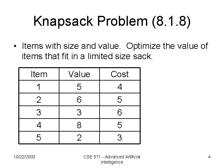 Knapsack Problem (8. 1. 8) • Items with size and value. Optimize the value