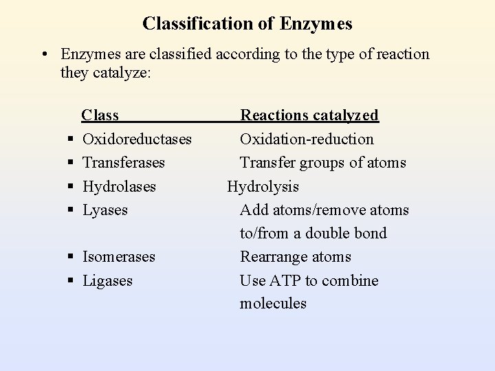 Classification of Enzymes • Enzymes are classified according to the type of reaction they
