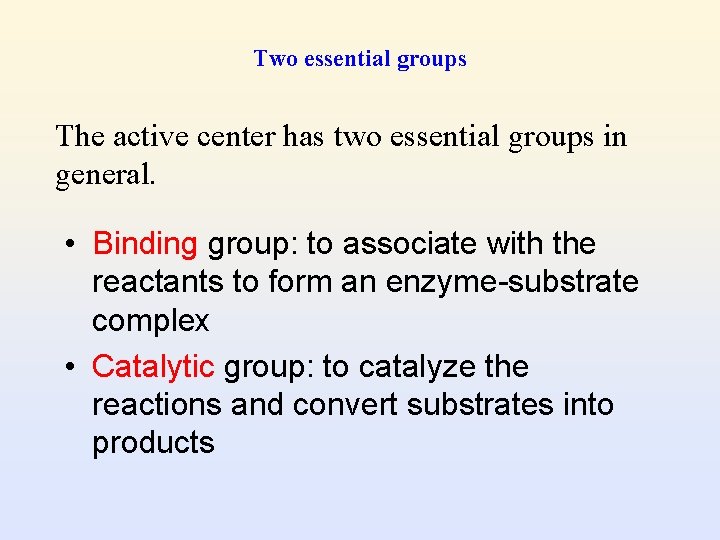 Two essential groups The active center has two essential groups in general. • Binding