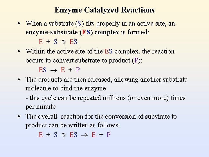 Enzyme Catalyzed Reactions • When a substrate (S) fits properly in an active site,