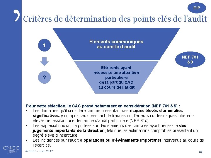 EIP Critères de détermination des points clés de l’audit 1 Eléments communiqués au comité