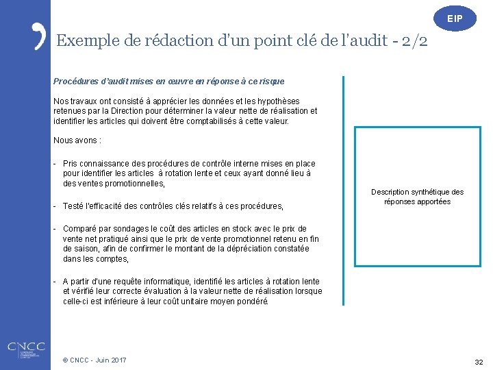 EIP Exemple de rédaction d’un point clé de l’audit - 2/2 Procédures d’audit mises