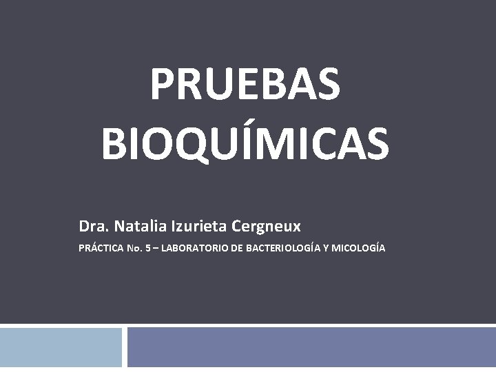 PRUEBAS BIOQUÍMICAS Dra. Natalia Izurieta Cergneux PRÁCTICA No. 5 – LABORATORIO DE BACTERIOLOGÍA Y