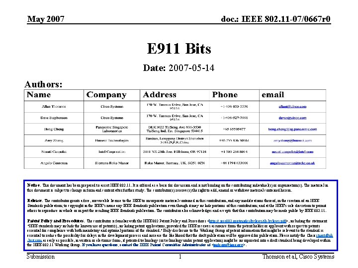 May 2007 doc. : IEEE 802. 11 -07/0667 r 0 E 911 Bits Date: