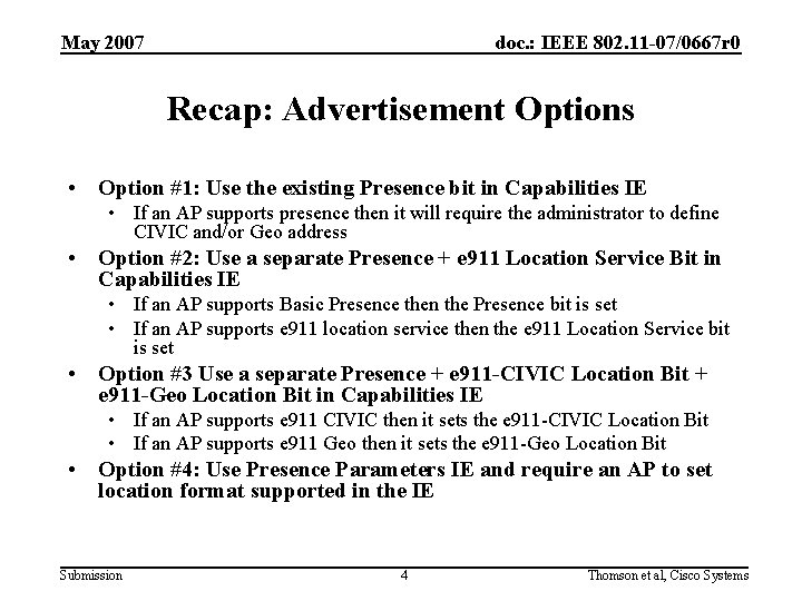May 2007 doc. : IEEE 802. 11 -07/0667 r 0 Recap: Advertisement Options •