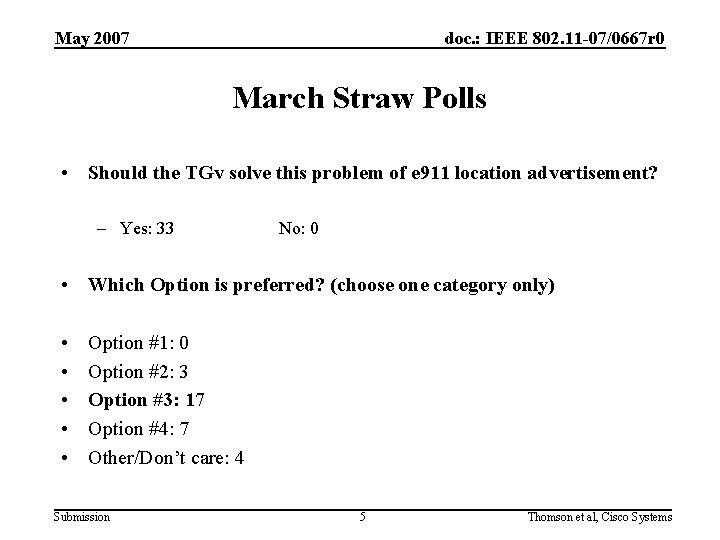 May 2007 doc. : IEEE 802. 11 -07/0667 r 0 March Straw Polls •