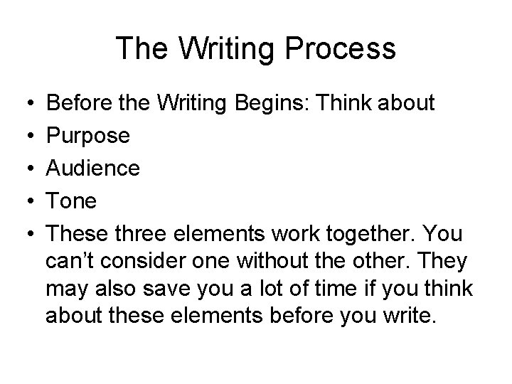 The Writing Process • • • Before the Writing Begins: Think about Purpose Audience