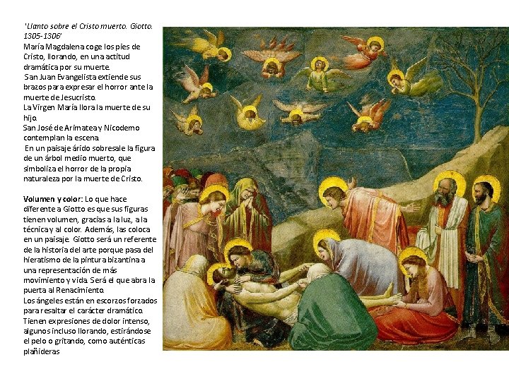 'Llanto sobre el Cristo muerto. Giotto. 1305 -1306’ María Magdalena coge los pies de 'Llanto sobre el Cristo muerto. Giotto. 1305 -1306’ María Magdalena coge los pies de