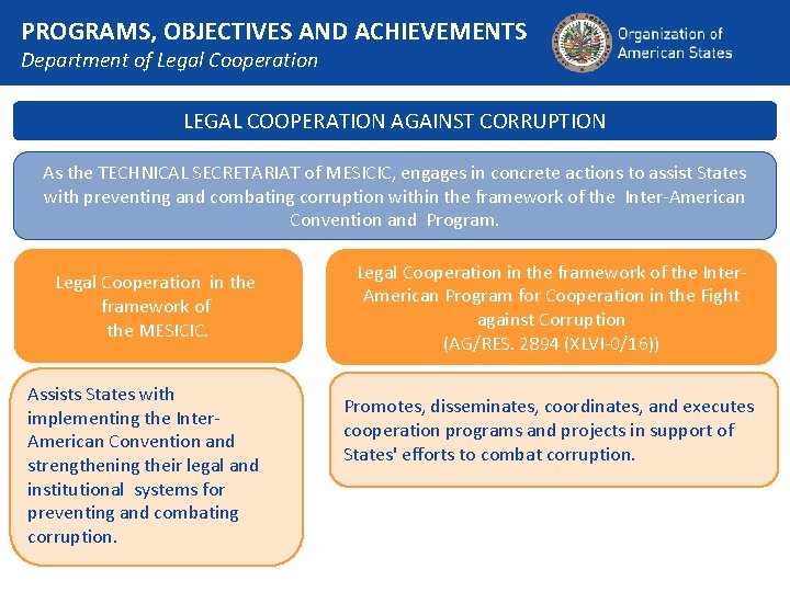 PROGRAMS, OBJECTIVES AND ACHIEVEMENTS Department of Legal Cooperation LEGAL COOPERATION AGAINST CORRUPTION As the